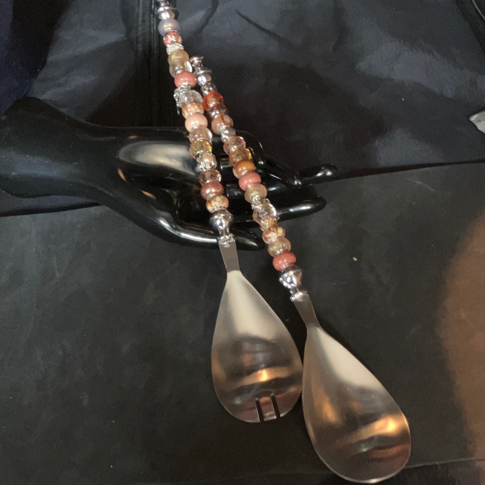 Beaded Salad Servers with Silver and Pink Accents